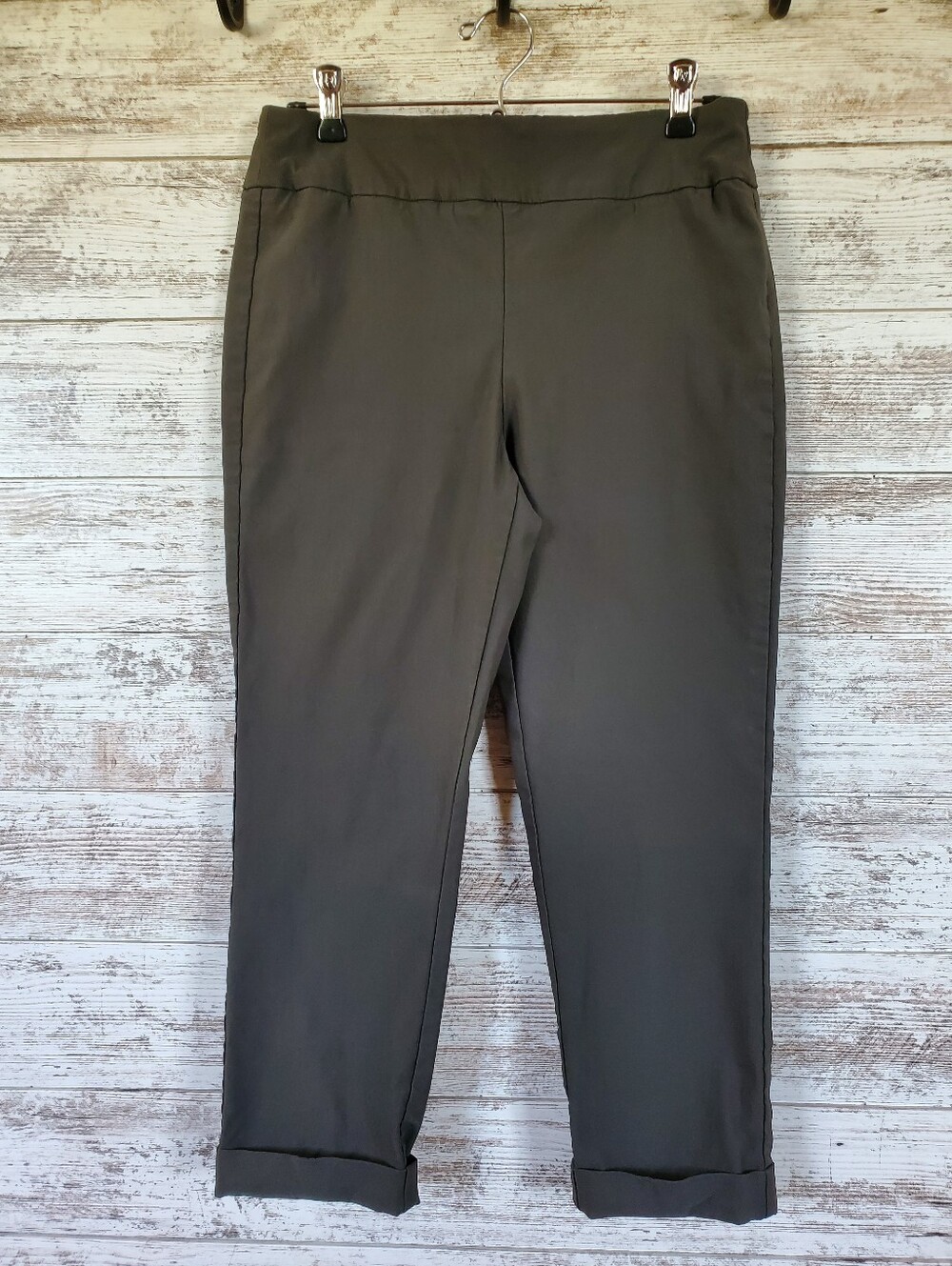 Tribal Olive Green Stretch Pull On Straight Leg Cuffed Ankle Dress Pants Cropped - Picture 1 of 13